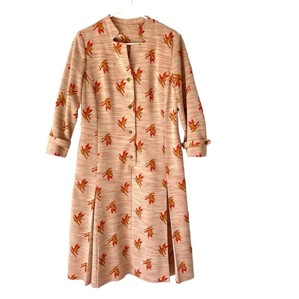 Herbert Levy Vintage 1940s Bird Print Orange Brown Textured Dress Pleats large
